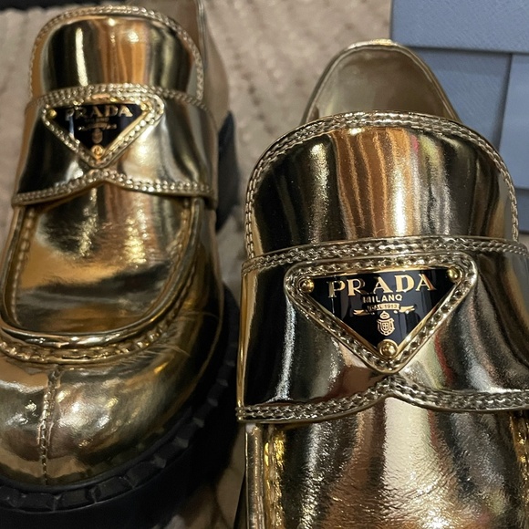 PRADA Triangular Logo Metallic Gold Leather Chocolate Loafers size 39 - Picture 3 of 16